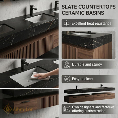 60''-96'' Bathroom Vanity with Sink Floating Dark Walnut Finish Vented Slatted Panel