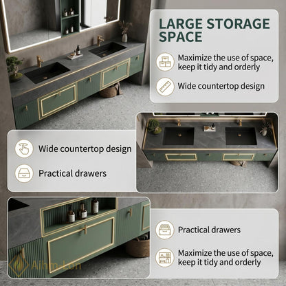 70''-96'' Modern Floating Double Bathroom Vanity with Sink Soft Green Slatted Panels
