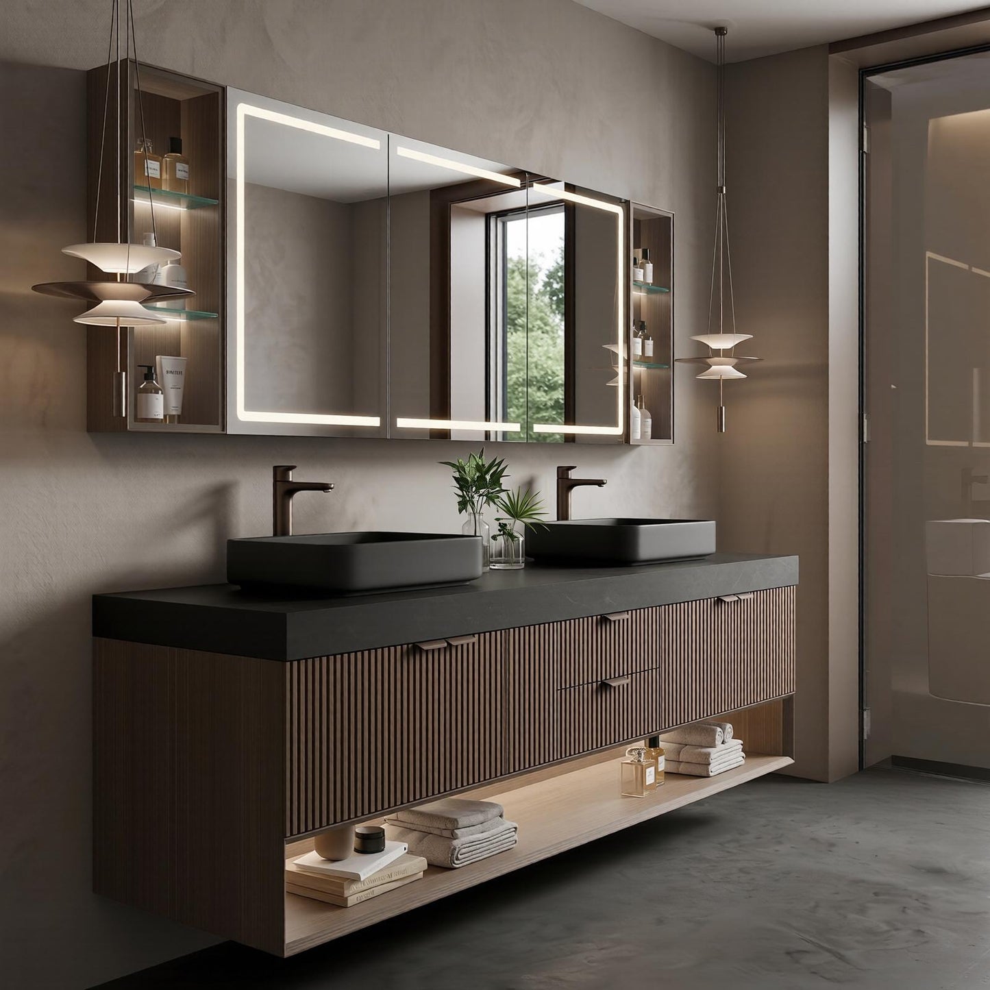 60''-96'' Floating Bathroom Vanity with Sink Double Sink Slatted Front Panel Bottom Cabinet