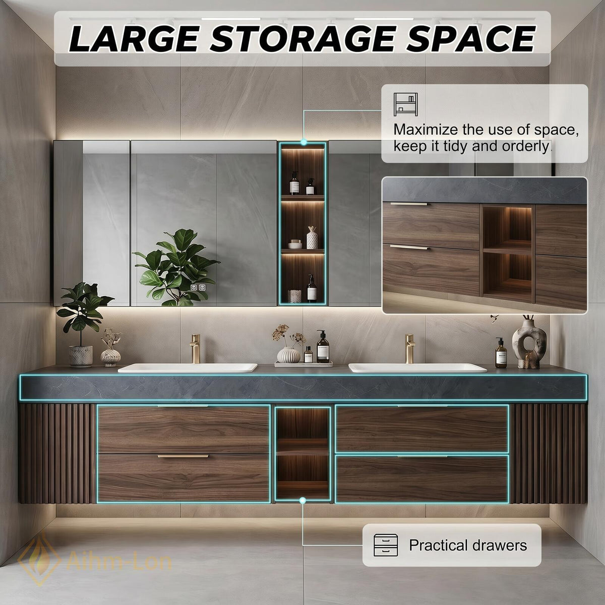 60''-96'' Double Bathroom Vanity with Sink Floating Double Walnut Finish Floating