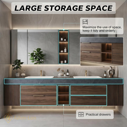 60''-96'' Double Bathroom Vanity with Sink Floating Double Walnut Finish Floating