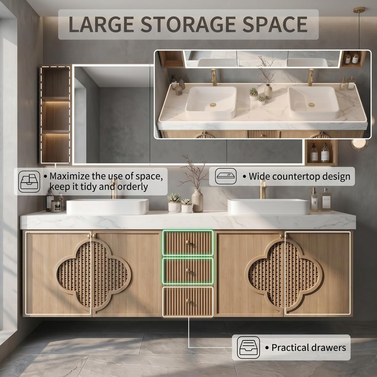 60''-96'' Floating Bathroom Vanity with Sink Double Sink Light Oak Lattice Cloud Doors Cabinet