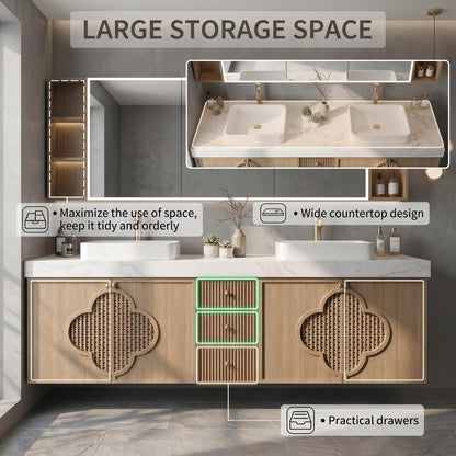 60''-96'' Floating Bathroom Vanity with Sink Double Sink Light Oak Lattice Cloud Doors Cabinet