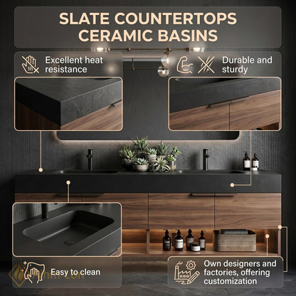 60''-96'' Double Bathroom Vanity with Sink Dark-Wood Modern Floating Slatted-Panels
