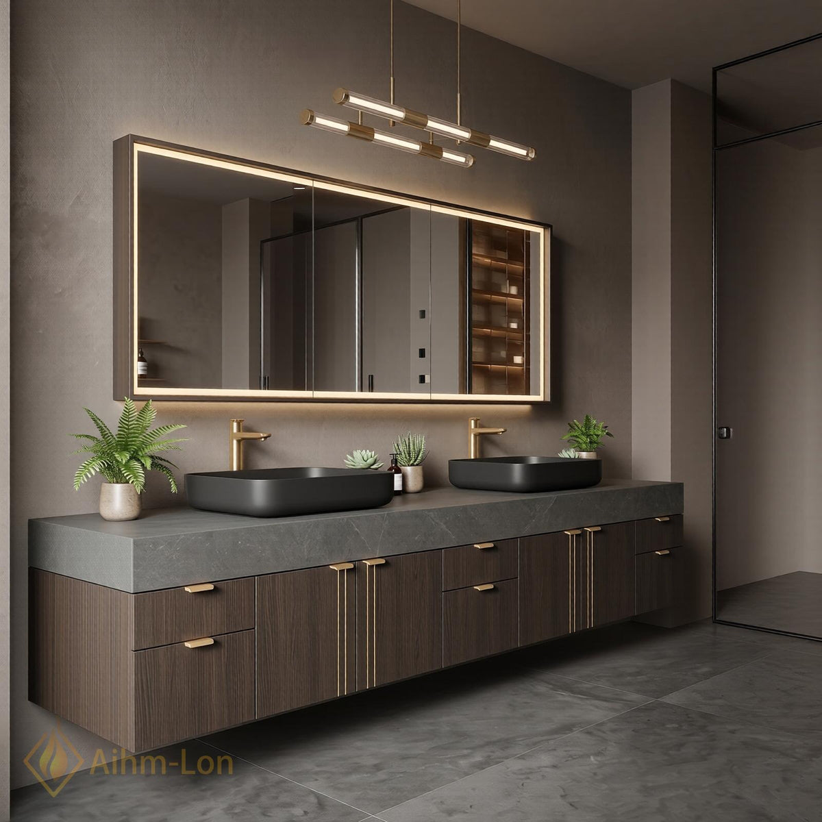 60''-96'' Double Bathroom Vanity with Sink Dark Walnut Floating Slatted Modern Finish