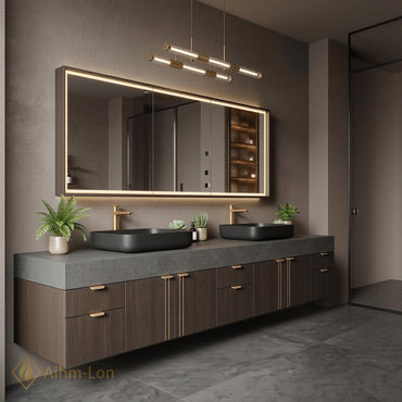 60''-96'' Double Bathroom Vanity with Sink Dark Walnut Floating Slatted Modern Finish