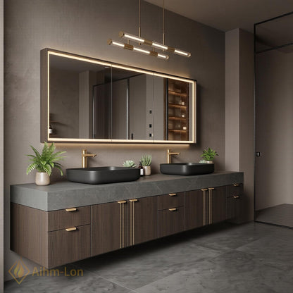 60''-96'' Double Bathroom Vanity with Sink Dark Walnut Floating Slatted Modern Finish