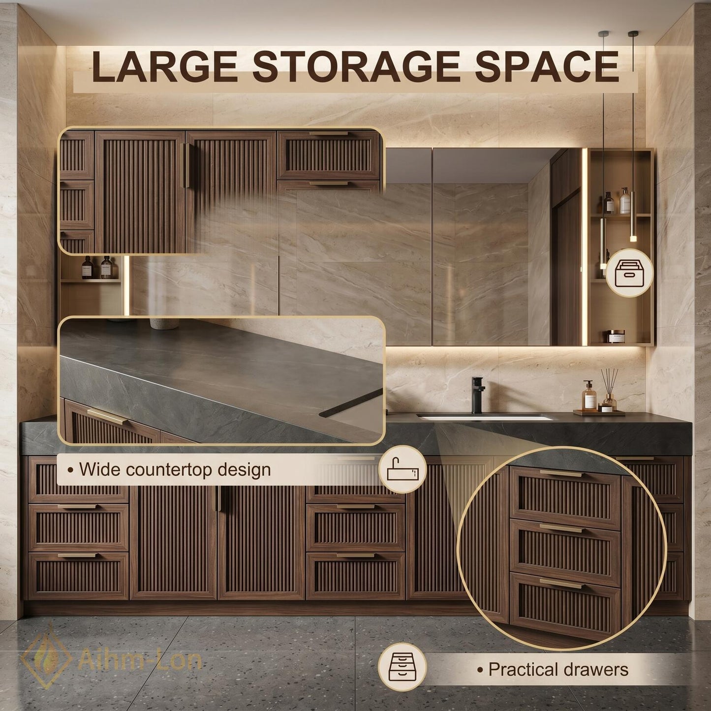78''-96'' Double Bathroom Vanity with Sink Modern Floating Dark Stone Slatted Doors