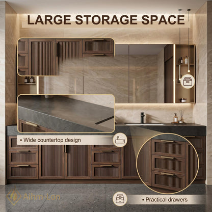 78''-96'' Double Bathroom Vanity with Sink Modern Floating Dark Stone Slatted Doors