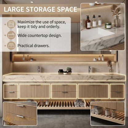 76''-96'' Modern Floating Bathroom Vanity with Sink Double Basin Vertical Slatted Front