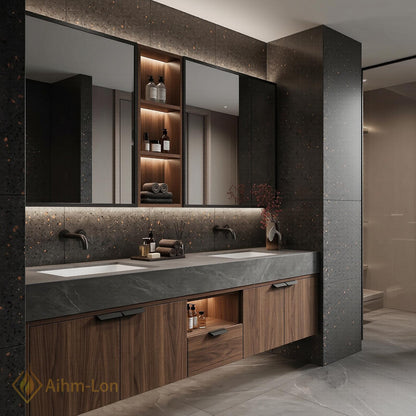 60''-96'' Sleek Bathroom Vanity with Sink Wall-Mounted Dark Wood Grain Open Mirror