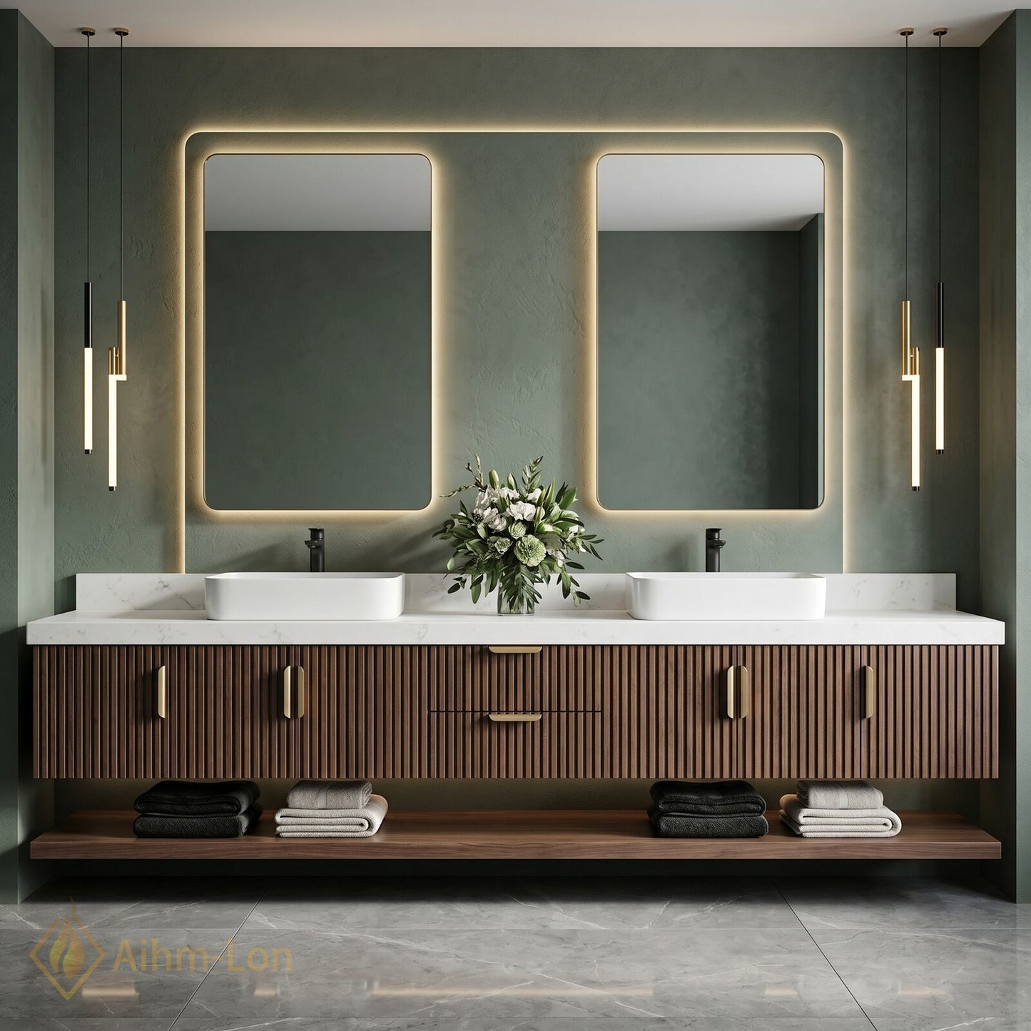 76''-96'' Double Bathroom Vanity with Sink Slatted Vertical Front Marble Effect Top