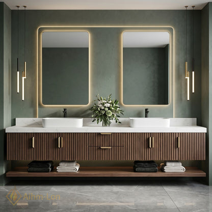 76''-96'' Double Bathroom Vanity with Sink Slatted Vertical Front Marble Effect Top