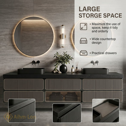 60''-96'' Double Bathroom Vanity with Sink Charcoal Matte Finish Fluted Panels