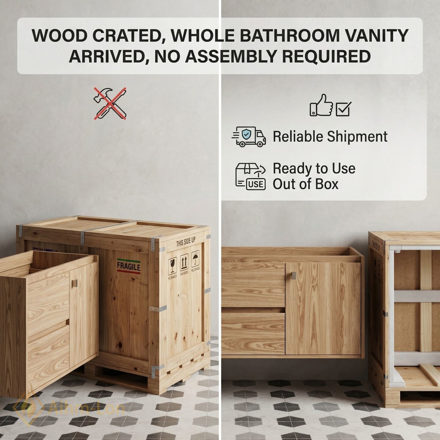 36''-64'' Floating Bathroom Vanity with Sink Warm Wood Grain White Integrated Mirror
