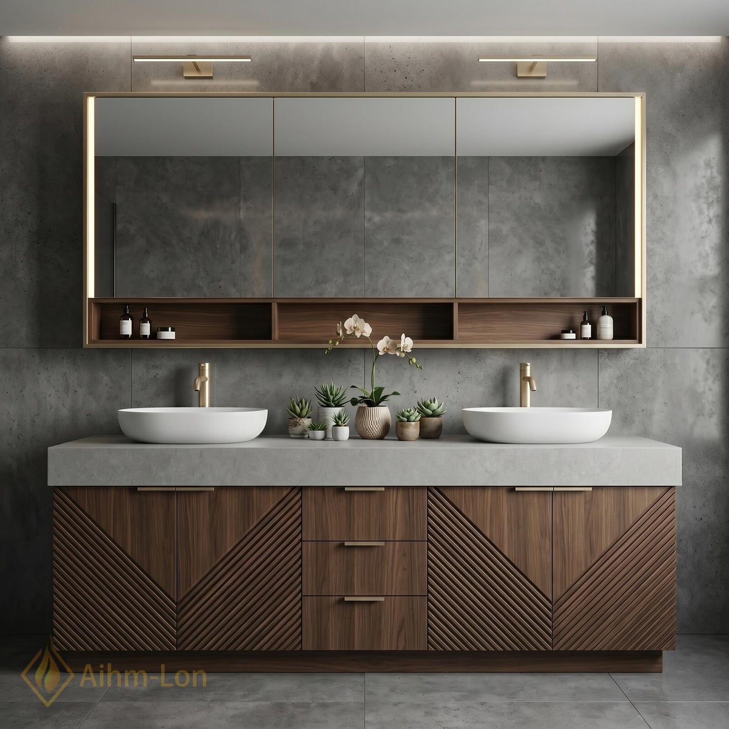 70''-96'' Modern Bathroom Vanity with Sink Floating Diagonal Wood Slate Stone Mirror Storage