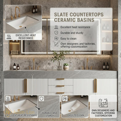 60''-96'' Double Bathroom Vanity with Sink Fluted Panel Marble-Like Surface Storage Cabinet