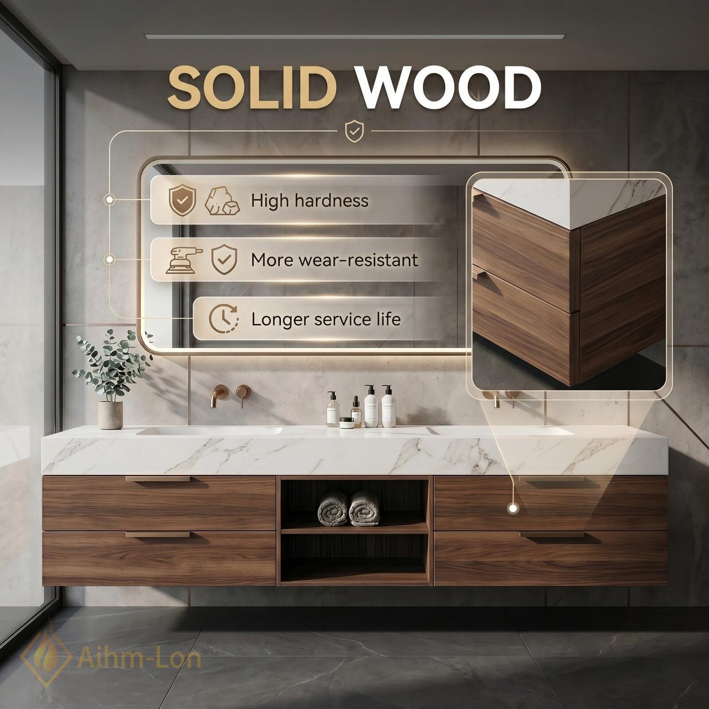 60''-96'' Double Bathroom Vanity with Sink Dark-Walnut White Modern Floating Marble