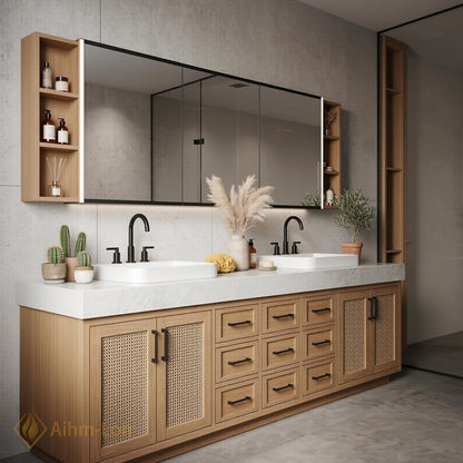 78''-96'' Double Bathroom Vanity with Sink Modern Solid Wood Cane Mesh Storage