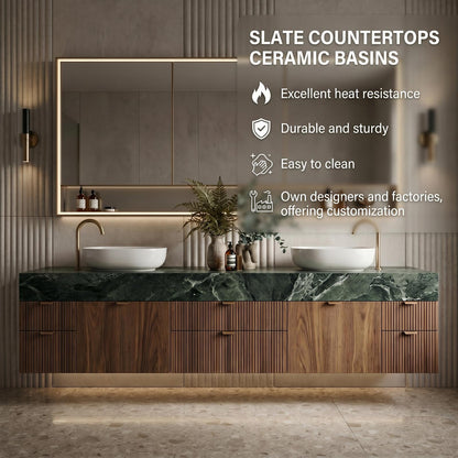 60''-96'' Double Bathroom Vanity with Sink Modern Refined Green Marble Top Slatted Wood Base