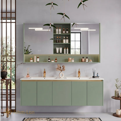 60''-96'' Floating Bathroom Vanity with Sink Dual Basin Matte Sage Mirror Cabinet