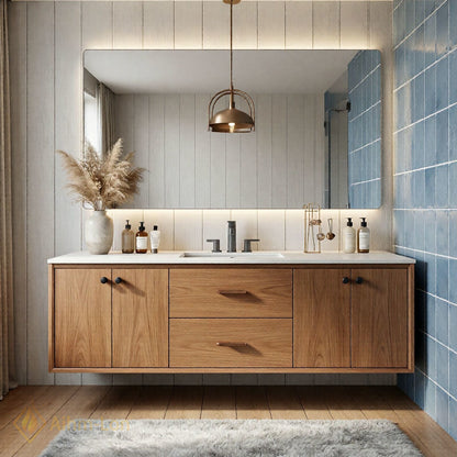 40''-64'' Modern Bathroom Vanity with Sink Floating Wood Grain Large Frame Mirror
