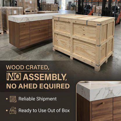70''-96'' Floating Bathroom Vanity with Sink Double Sink Warm Wood Grain Marble Top Cabinet