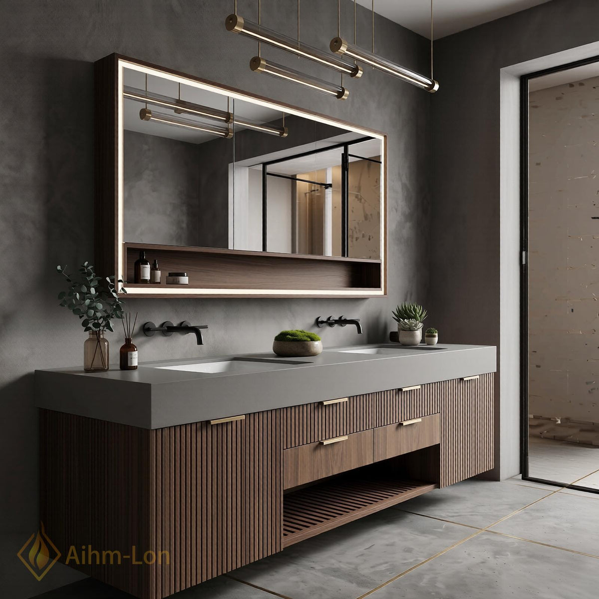 60''-96'' Double Bathroom Vanity with Sink Green Marble Top Deep Blue Storage