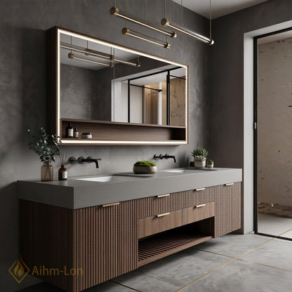60''-96'' Double Bathroom Vanity with Sink Green Marble Top Deep Blue Storage