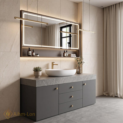 36''-110'' Floating Bathroom Vanity with Sink Sintered Stone Top Geometric Frame