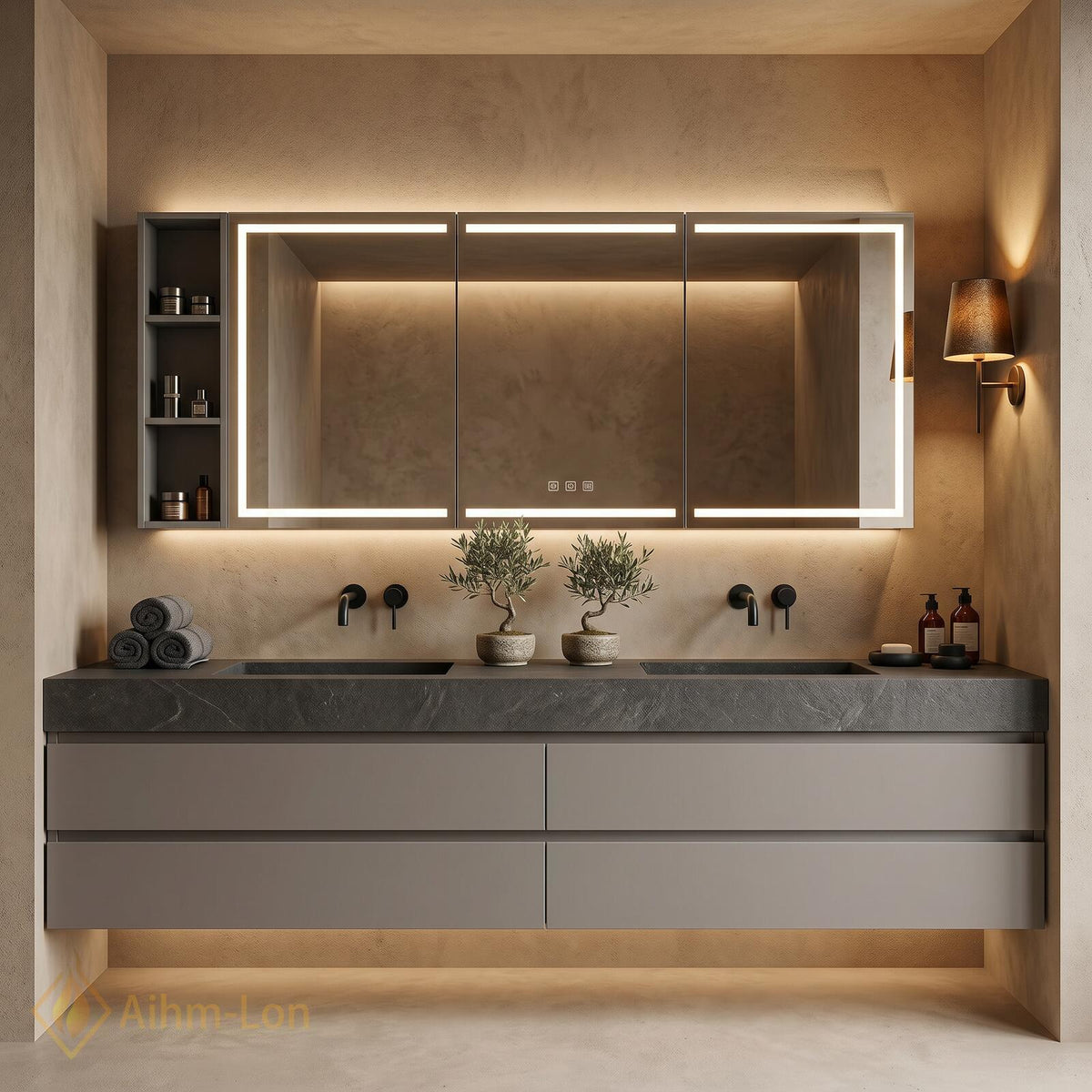 72''-96'' Double Bathroom Vanity with Sink Floating Double Dark Stone Texture Slab