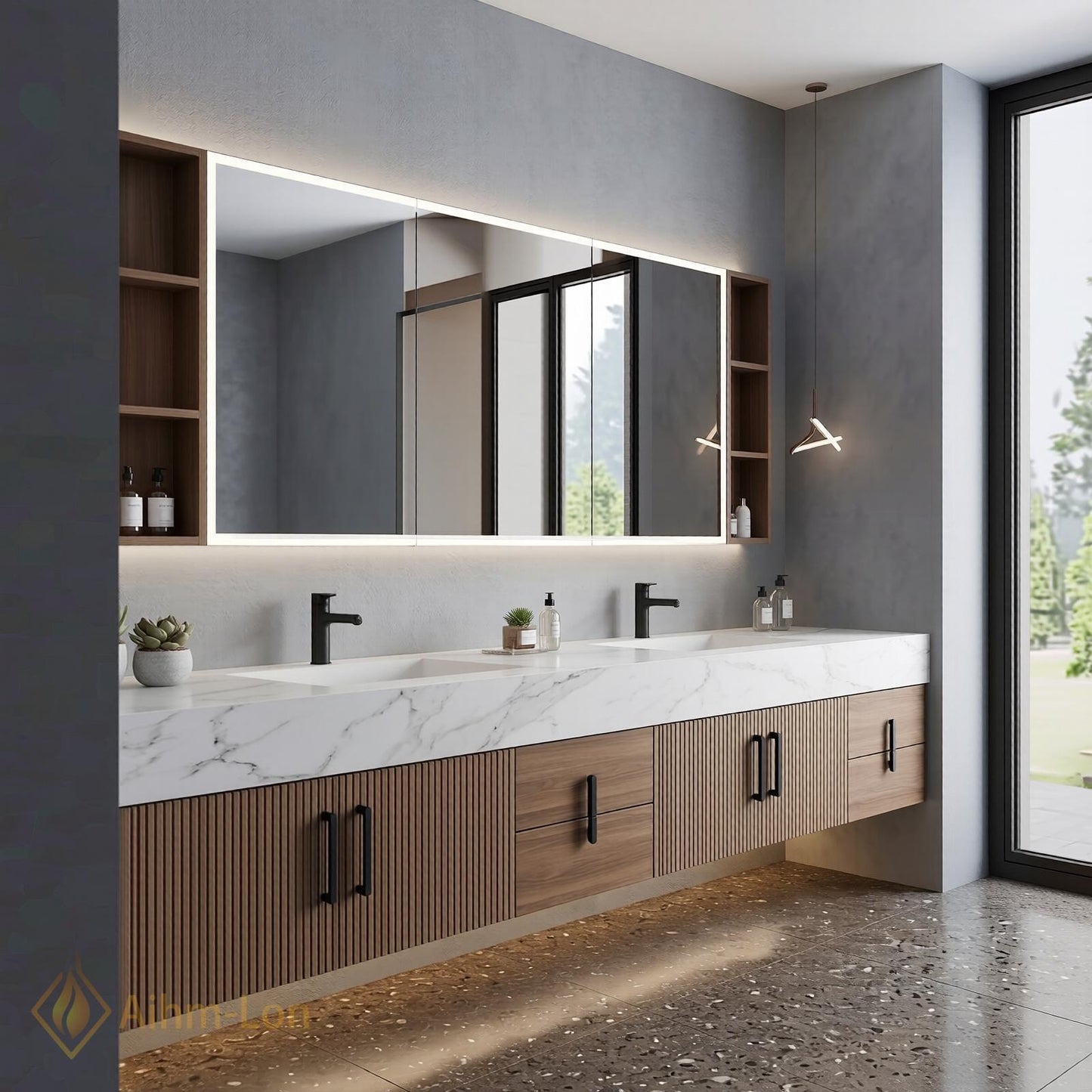 70''-96'' Modern Double Bathroom Vanity with Sink Warm Wood Slatted Front Panels
