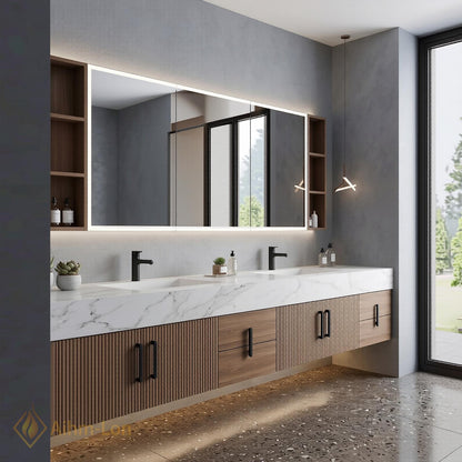 70''-96'' Modern Double Bathroom Vanity with Sink Warm Wood Slatted Front Panels