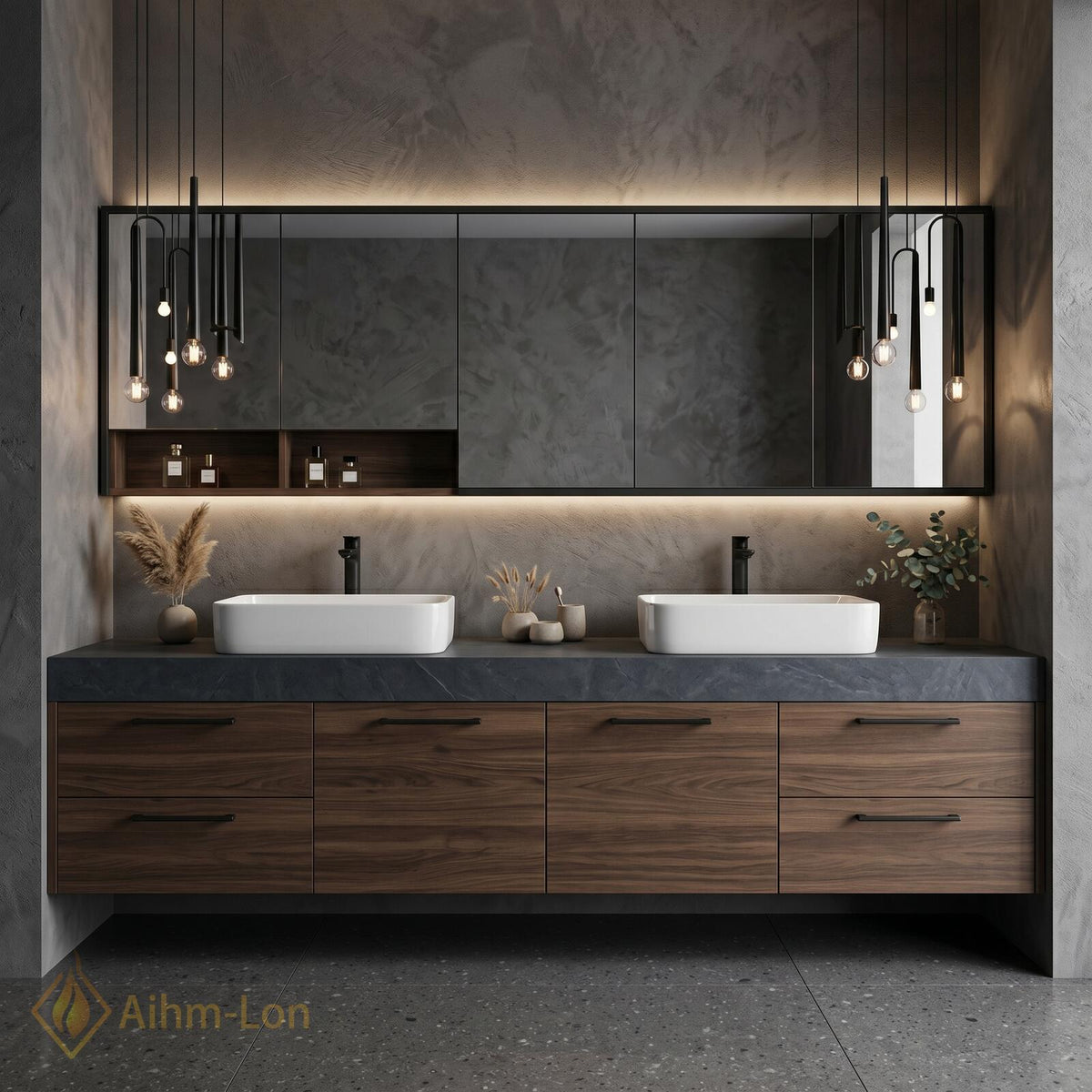 60''-96'' Double Bathroom Vanity with Sink Floating Dark Stone Top Warm Wood