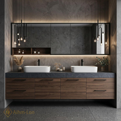 60''-96'' Double Bathroom Vanity with Sink Floating Dark Stone Top Warm Wood