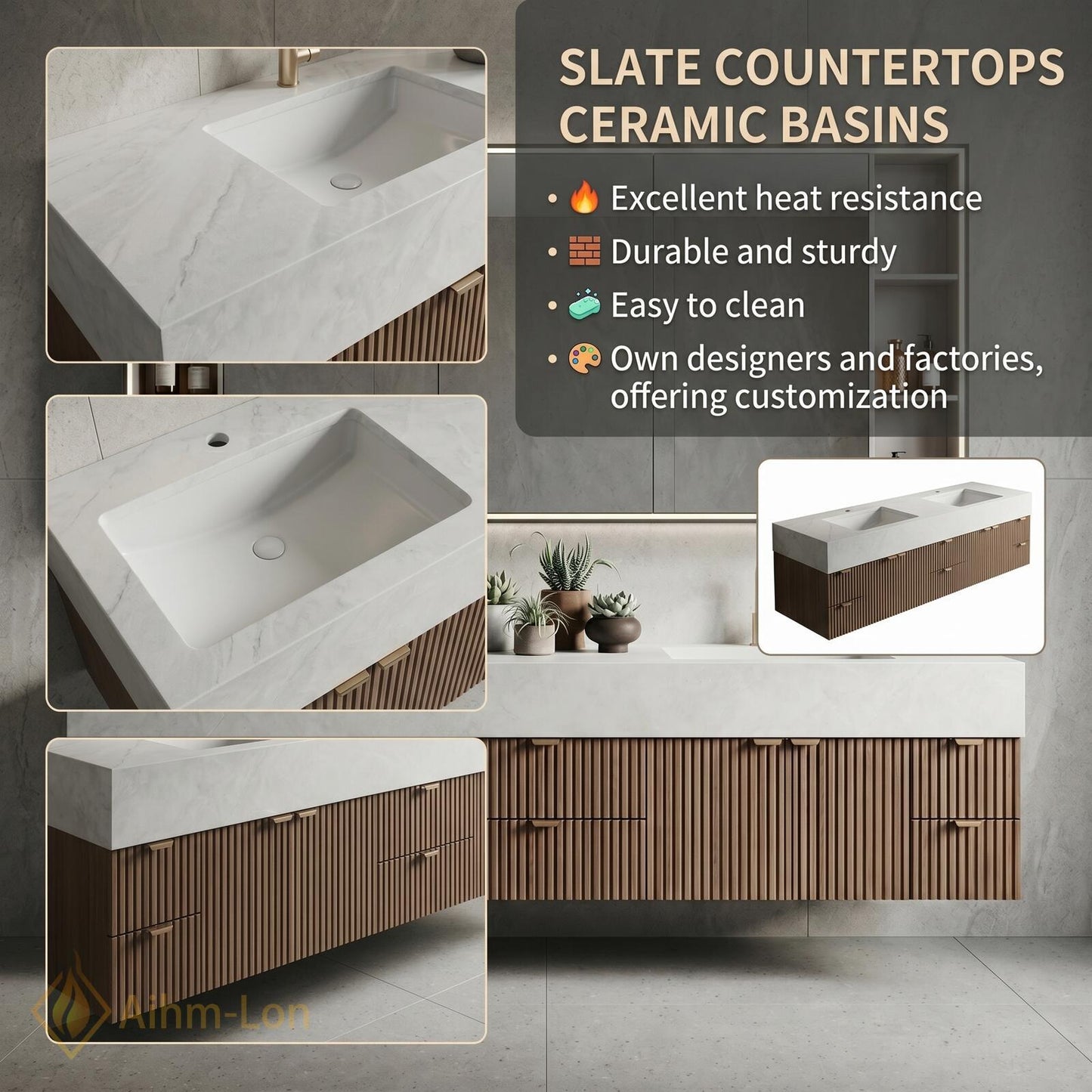 76''-96'' Modern Bathroom Vanity with Sink Floating Slatted Wood White Stone Mirror Cabinet
