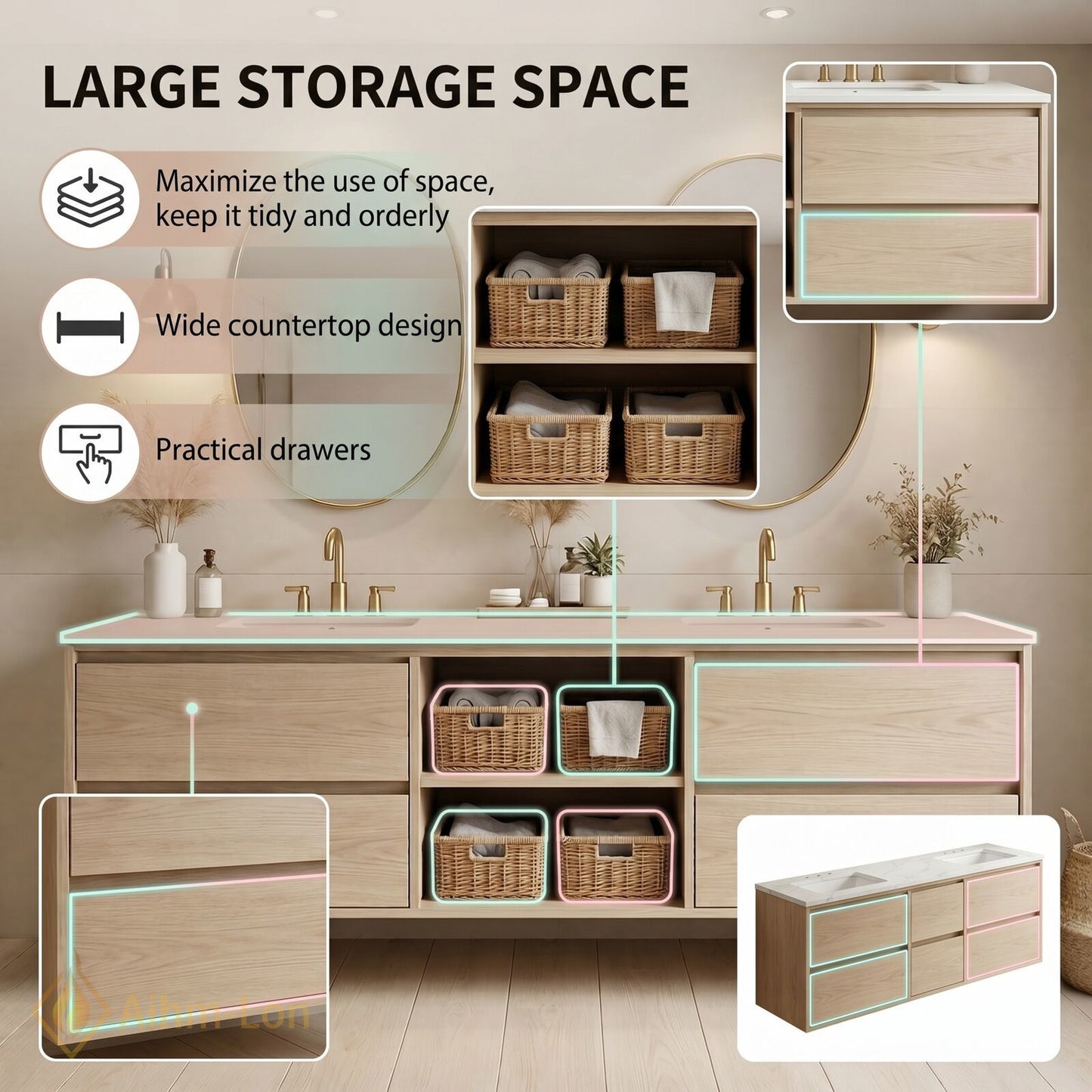 60''-96'' Floating Bathroom Vanity with Sink Double Center Shelves Natural Wood Grain