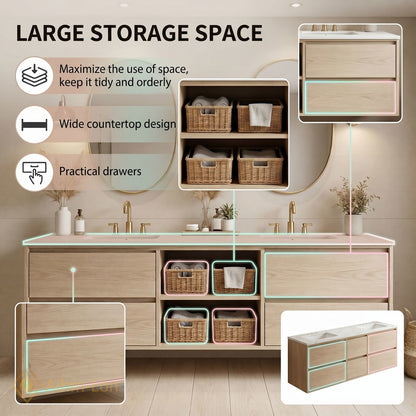 60''-96'' Floating Bathroom Vanity with Sink Double Center Shelves Natural Wood Grain