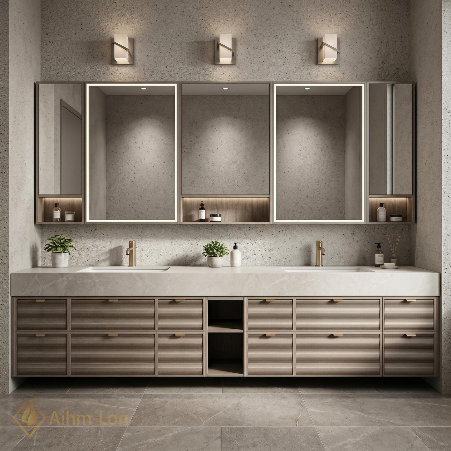 78''-96'' Double Bathroom Vanity with Sink Floating Stone Top Slatted Doors Center