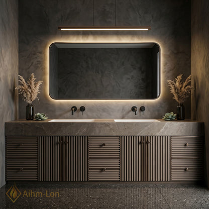 76''-96'' Double Bathroom Vanity with Sink Dark Stone Finish Slatted Panels Countertop