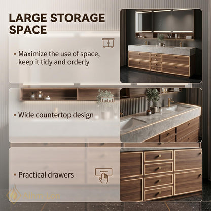70''-96'' Modern Double Bathroom Vanity with Sink Floating Warm Walnut Grain Stack