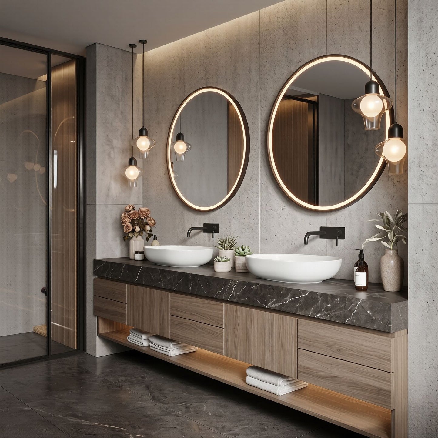 70''-96'' Modern Bathroom Vanity with Sink Dark Stone Floating Open Bottom Storage
