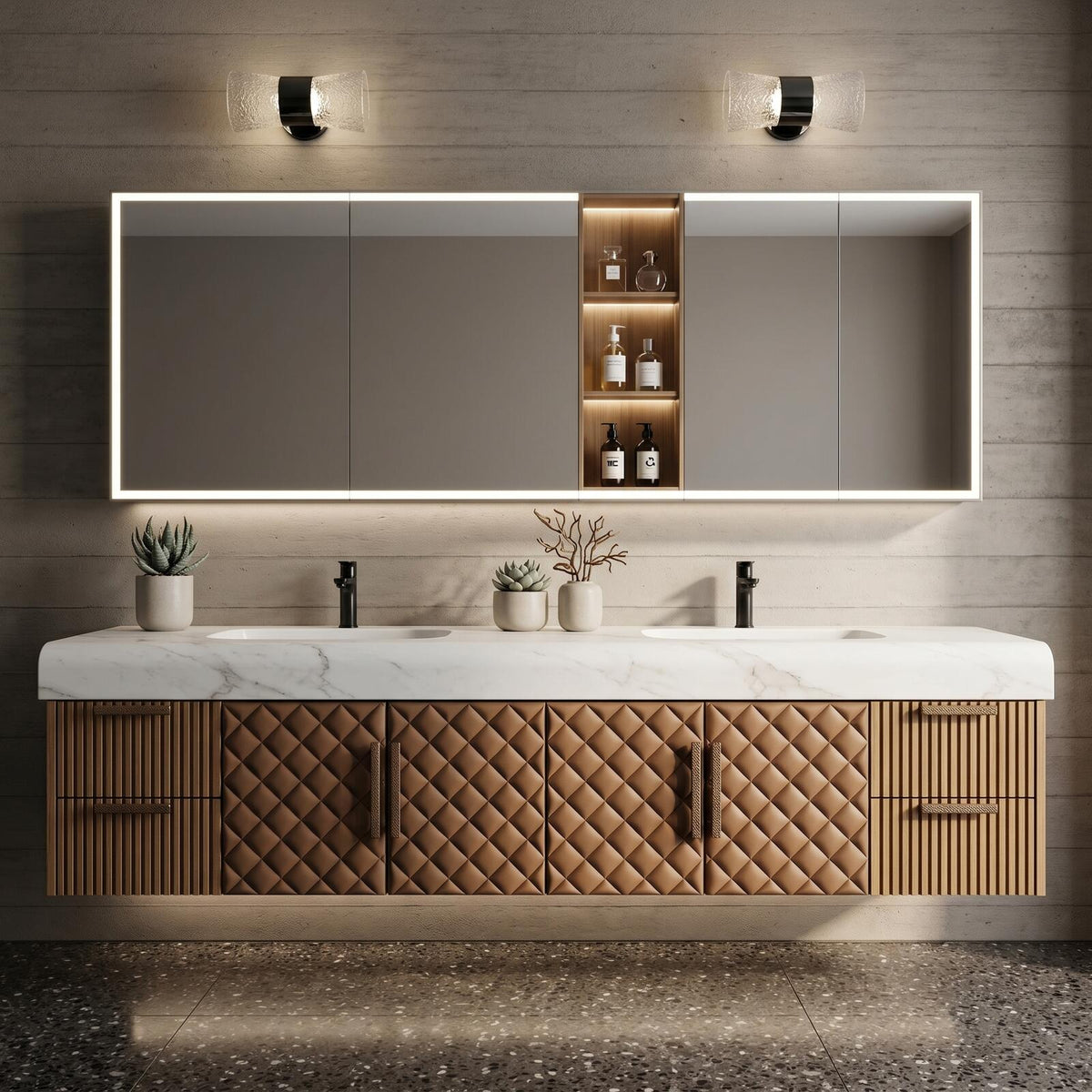 60''-96'' Double Bathroom Vanity with Sink Modern Floating Quilted Leather-Style Solid Wood