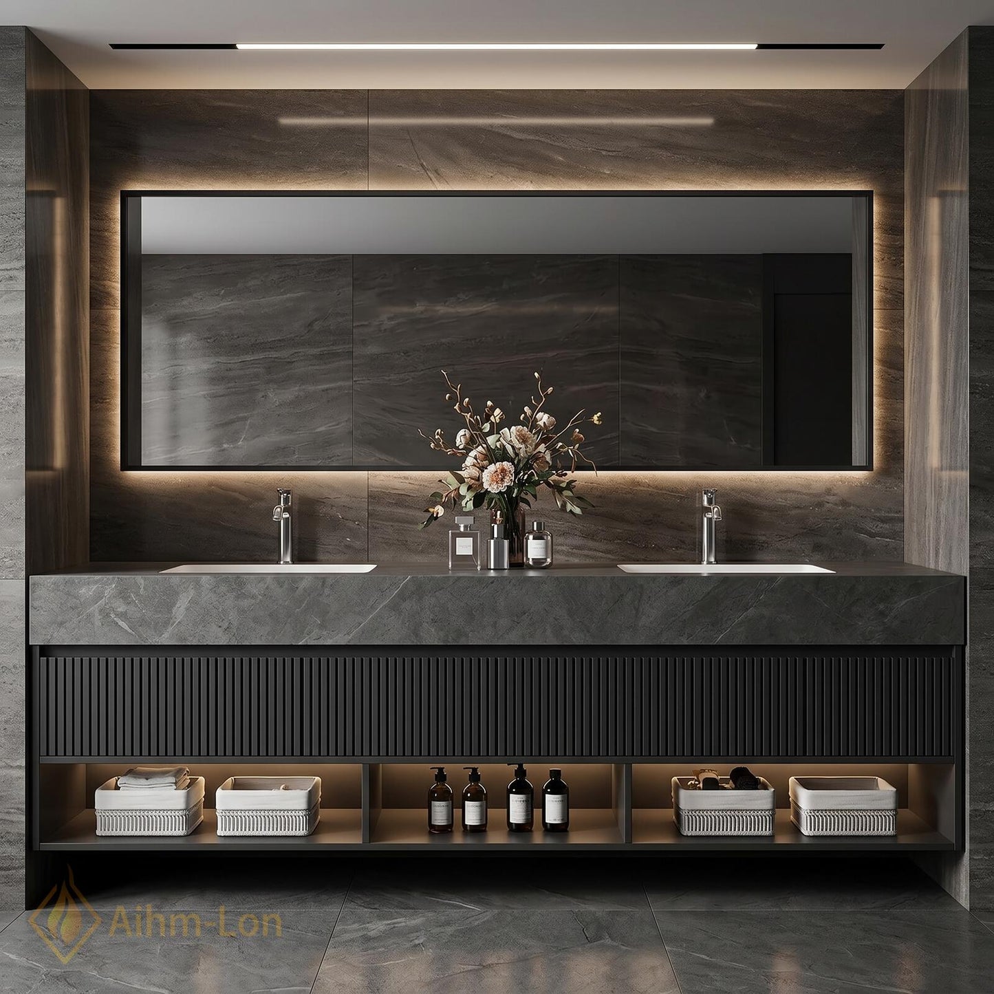 60''-96'' Double Bathroom Vanity with Sink Dark Modern Floating Stone Slatted Open