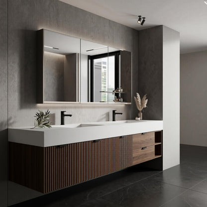 60''-96'' Modern Bathroom Vanity with Sink Double Sink Slatted Wood Front Solid Drawers Cabinet