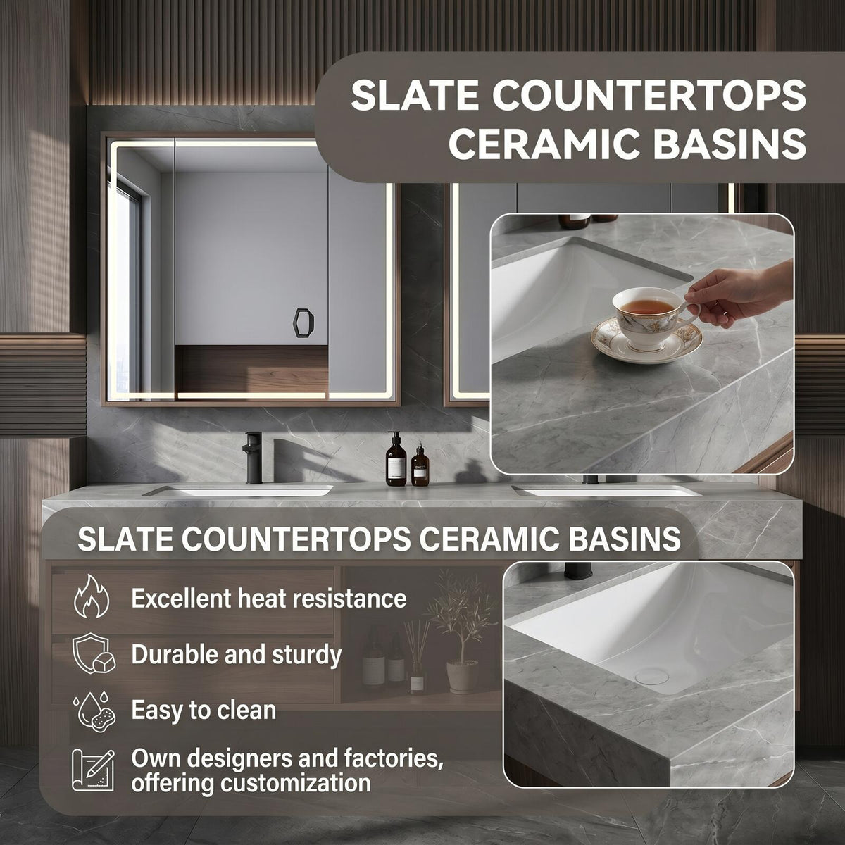 60''-96'' Double Bathroom Vanity with Sink Floating Dark Walnut Finish Marble-Look Top
