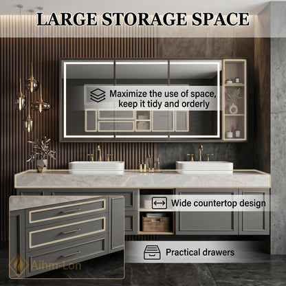 60''-96'' Double Bathroom Vanity with Sink Modern Gray Marble Top Spacious Storage