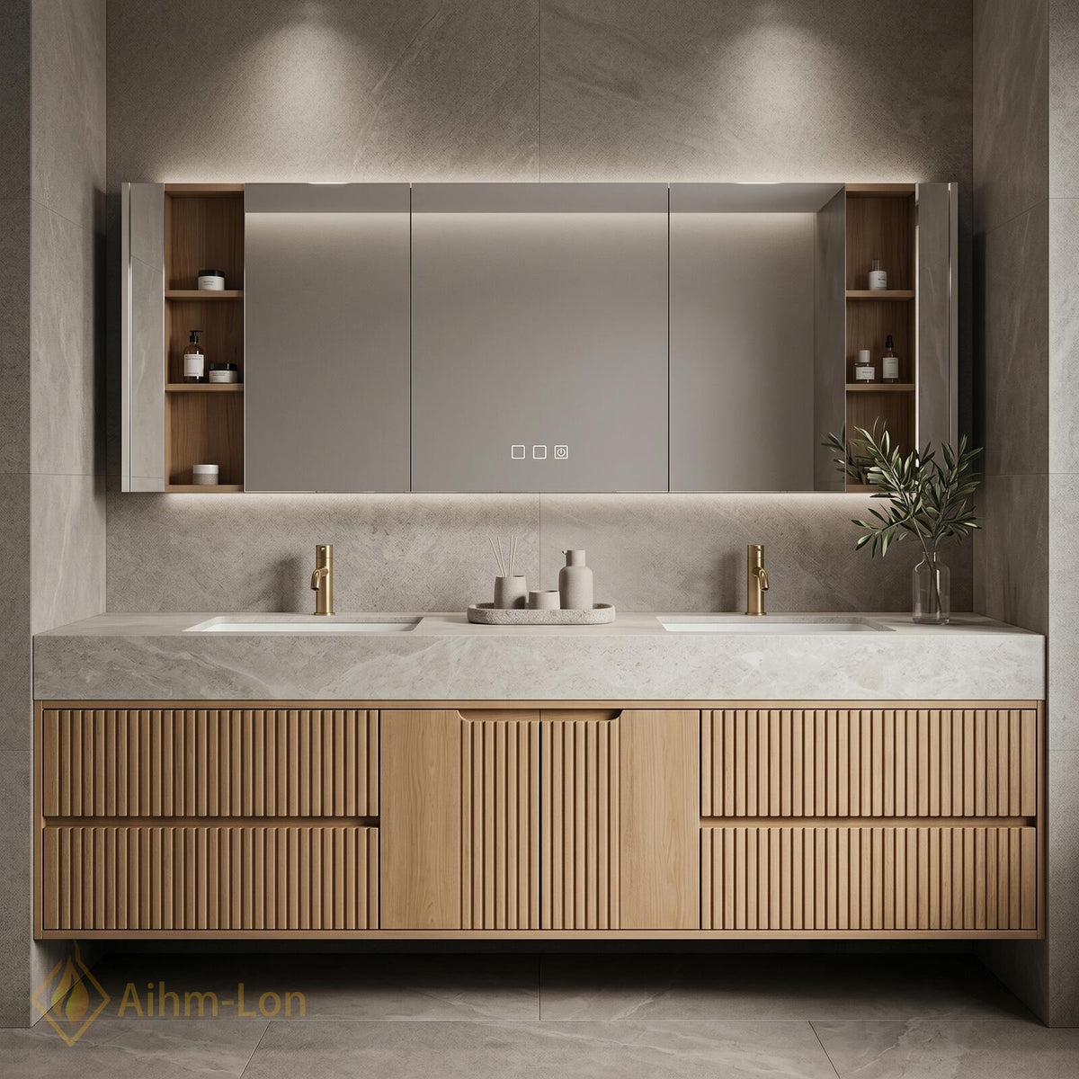 60''-96'' Double Bathroom Vanity with Sink Floating Wood Finish Fluted Panel Doors