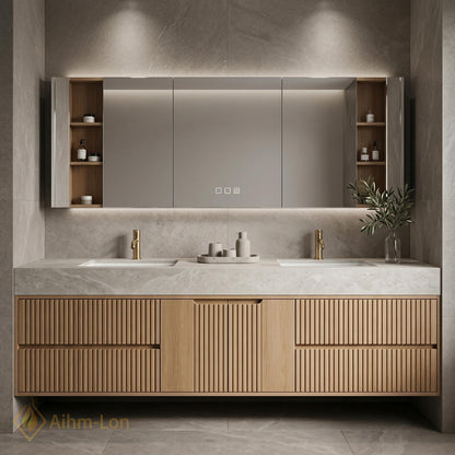 60''-96'' Double Bathroom Vanity with Sink Floating Wood Finish Fluted Panel Doors