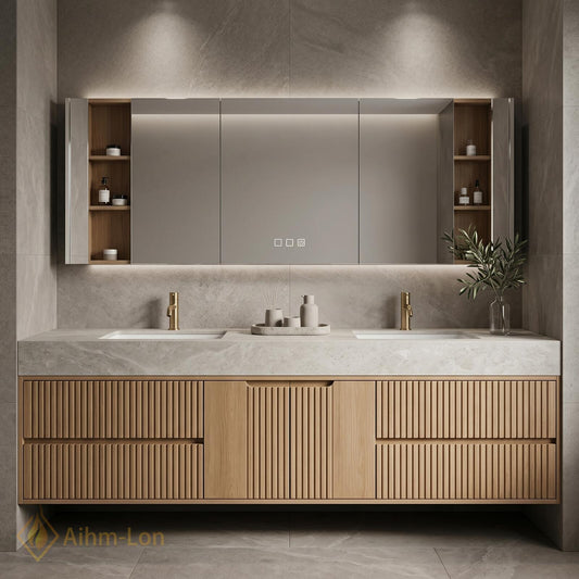 60''-96'' Double Bathroom Vanity with Sink Floating Wood Finish Fluted Panel Doors